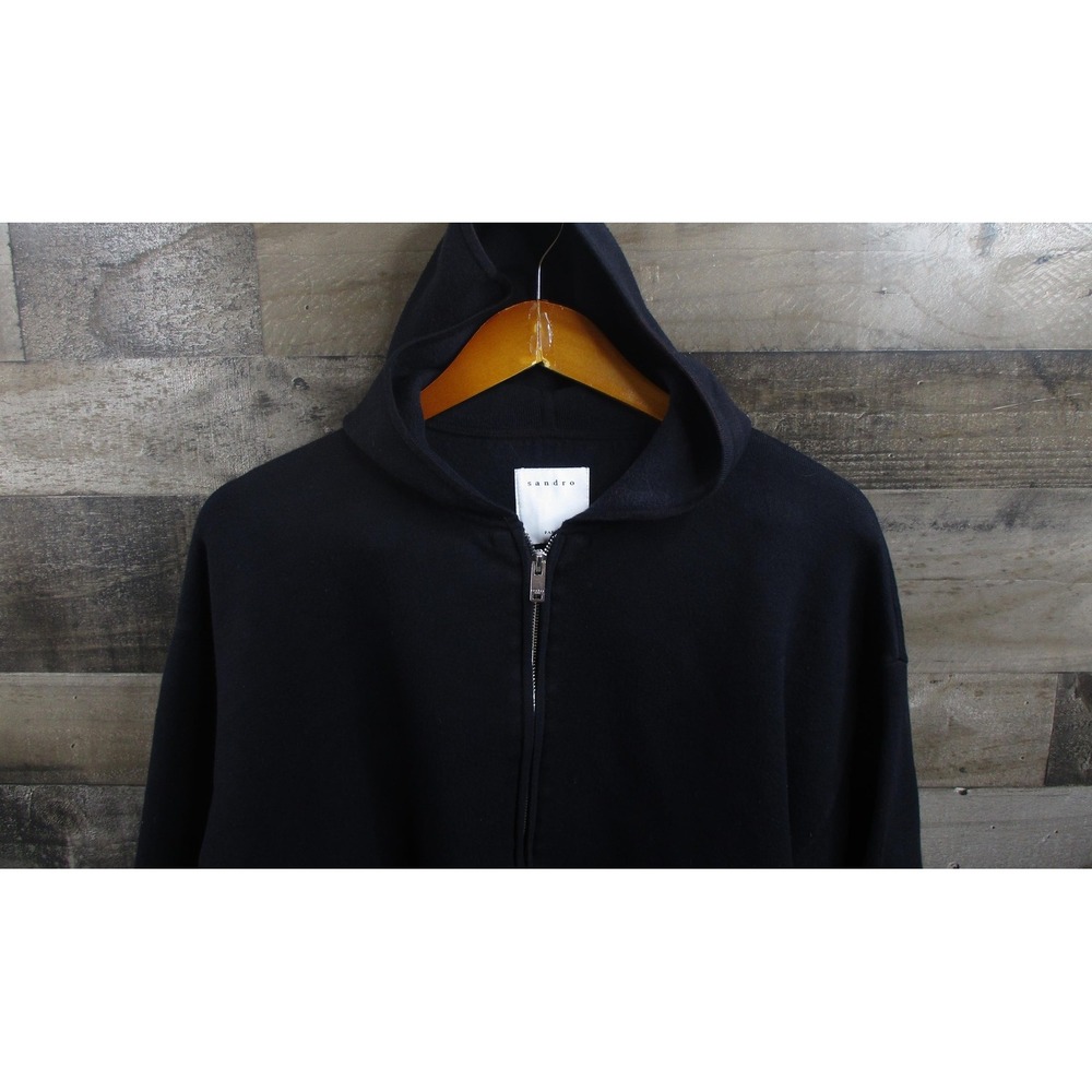 Sandro Hoodie Womens Size 1 Black Full Zip Crop Boxy Chill Out Have Fun Paris
